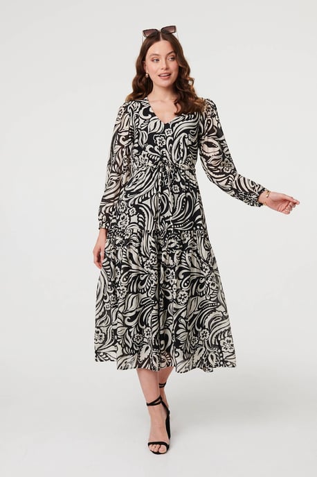 Black Printed Layered Long Sleeve Maxi Dress - Image 1
