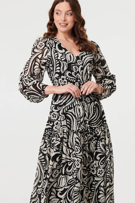 Black Printed Layered Long Sleeve Maxi Dress - Image 5