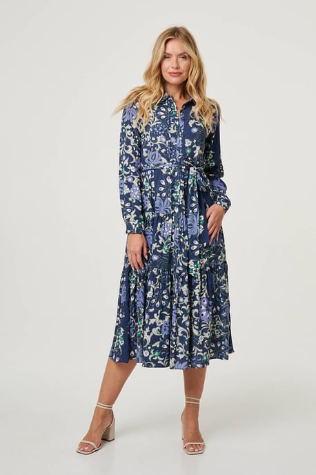 Navy Floral Tie Waist Tiered Midi Dress - Image 1