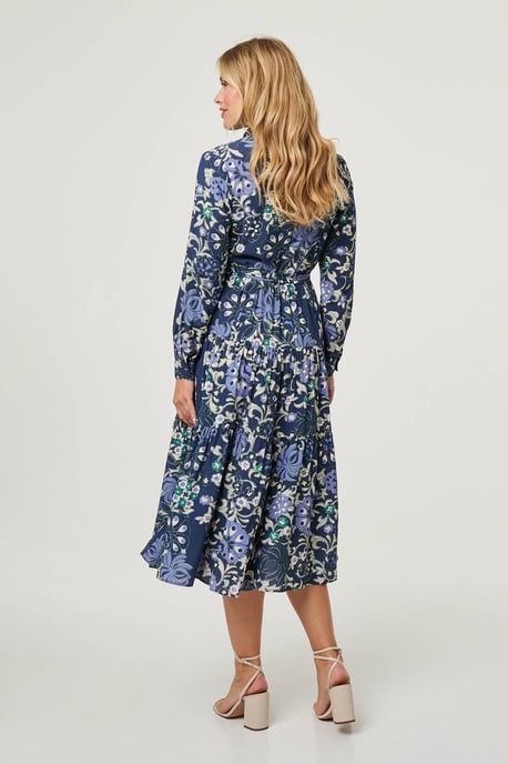 Navy Floral Tie Waist Tiered Midi Dress - Image 2