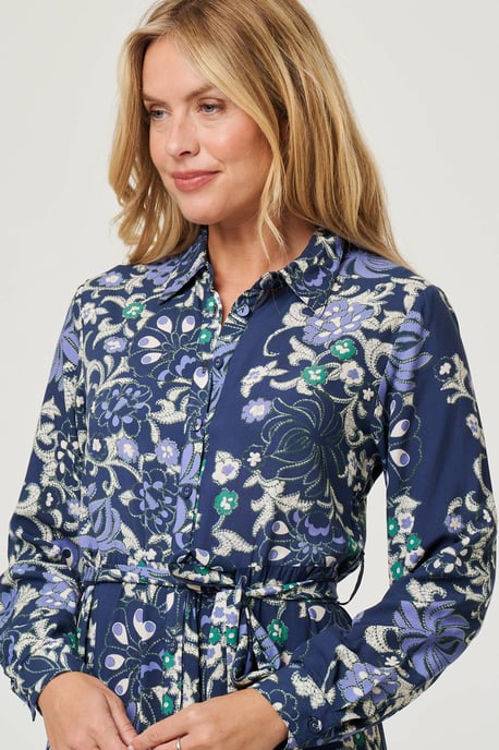 Navy Floral Tie Waist Tiered Midi Dress - Image 3