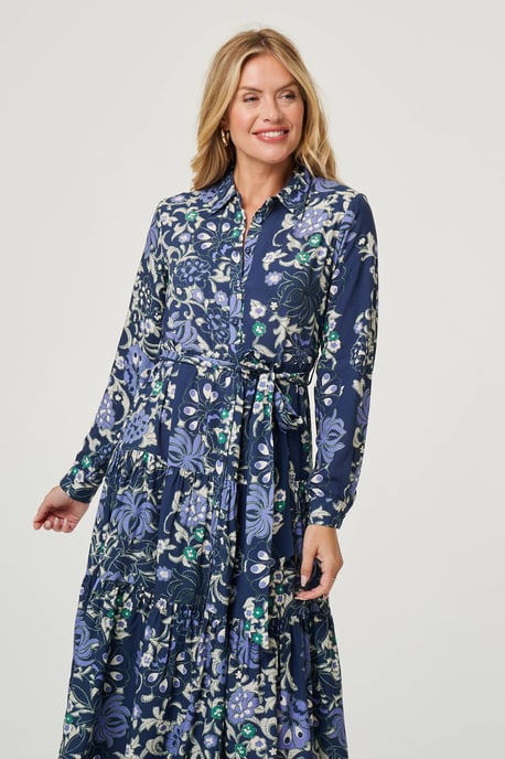 Navy Floral Tie Waist Tiered Midi Dress - Image 4