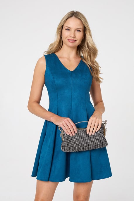 Teal Faux Suede Knee Length Skater Dress - Image 1