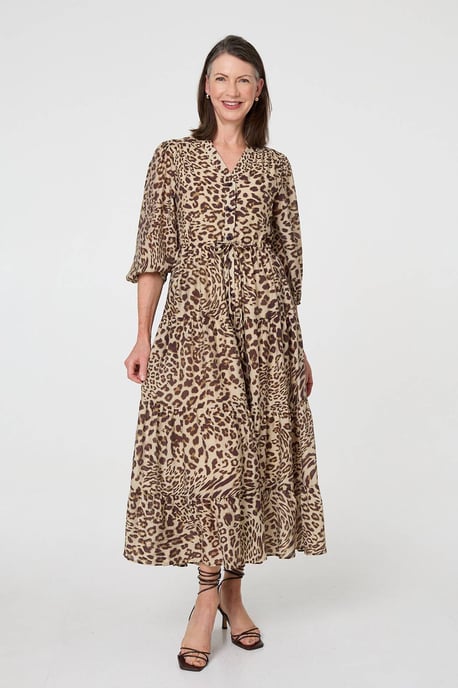 Brown Animal Print 3/4 Puff Sleeve Midi Dress - Image 1