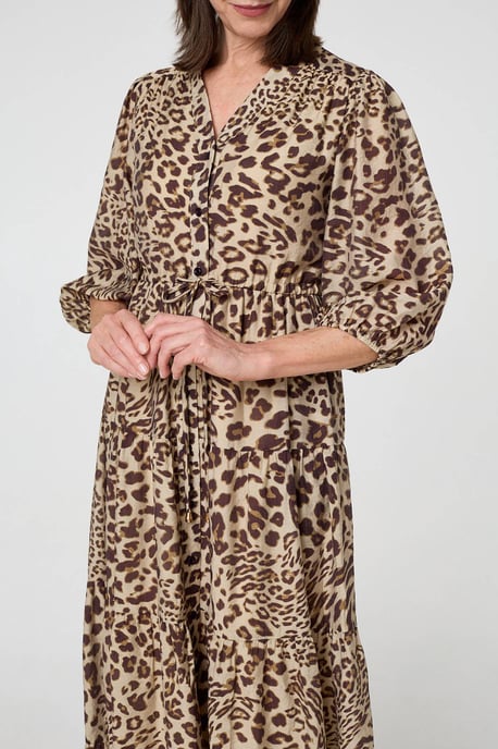 Brown Animal Print 3/4 Puff Sleeve Midi Dress - Image 2