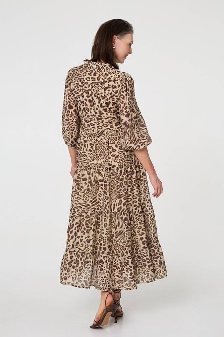Brown Animal Print 3/4 Puff Sleeve Midi Dress - Image 3