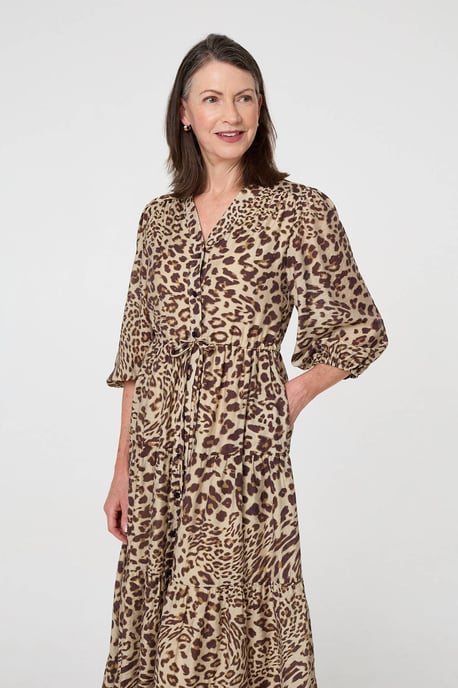 Brown Animal Print 3/4 Puff Sleeve Midi Dress - Image 4