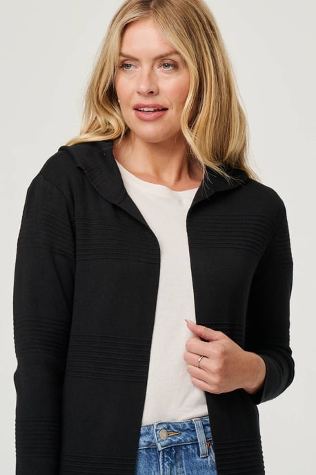 Black Hooded Open Front Longline Coat - Image 2