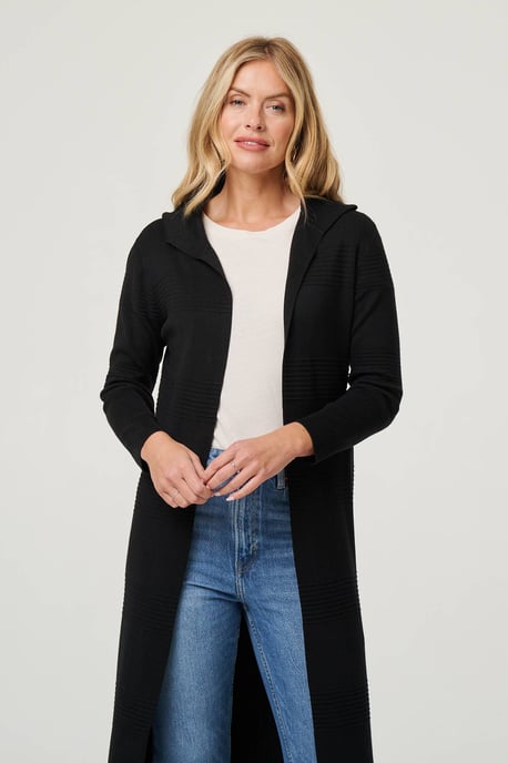 Black Hooded Open Front Longline Coat - Image 4