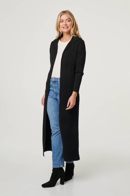 Black Hooded Open Front Longline Coat - Image 5