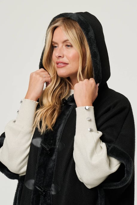Black Faux Fur Lined Hooded 1/2 Sleeve Poncho - Image 2
