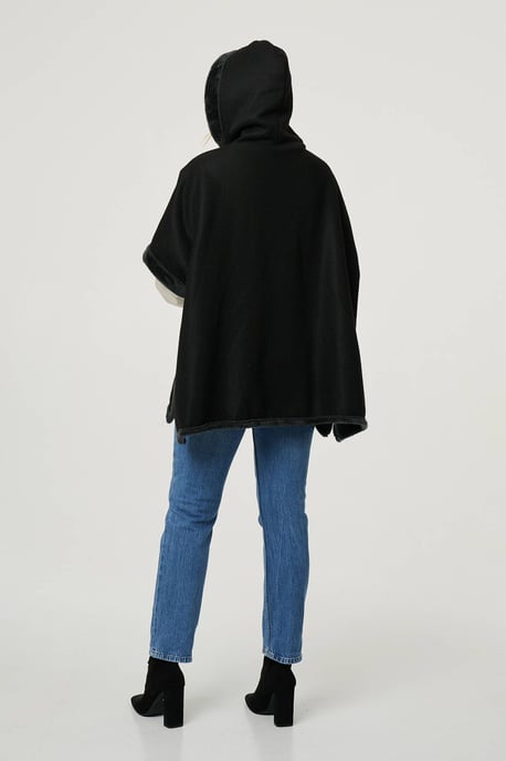 Black Faux Fur Lined Hooded 1/2 Sleeve Poncho - Image 3