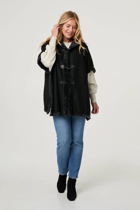 Black Faux Fur Lined Hooded 1/2 Sleeve Poncho - Image 4