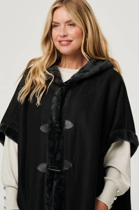 Black Faux Fur Lined Hooded 1/2 Sleeve Poncho - Image 6