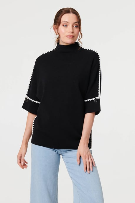 Black Contrast Trim 3/4 Sleeve Jumper - Image 1