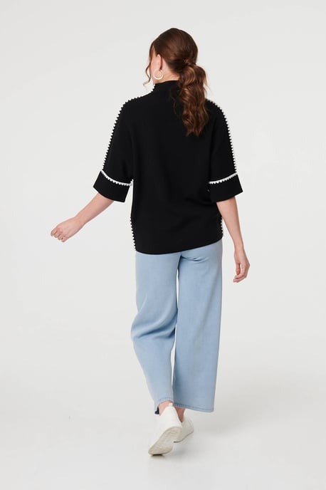Black Contrast Trim 3/4 Sleeve Jumper - Image 3