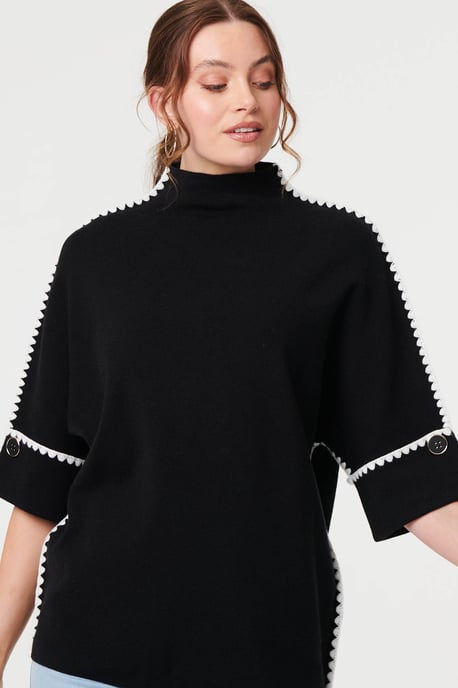 Black Contrast Trim 3/4 Sleeve Jumper - Image 5