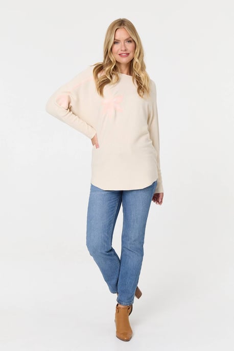 Beige Floral Long Batwing Sleeve Relaxed Top - Image 4