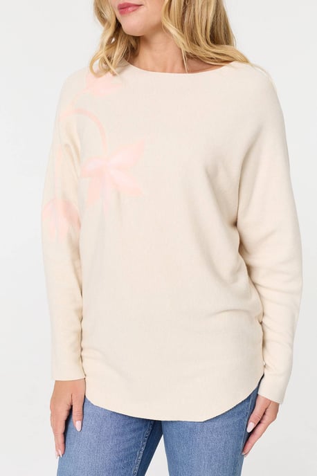Beige Floral Long Batwing Sleeve Relaxed Top - Image 6