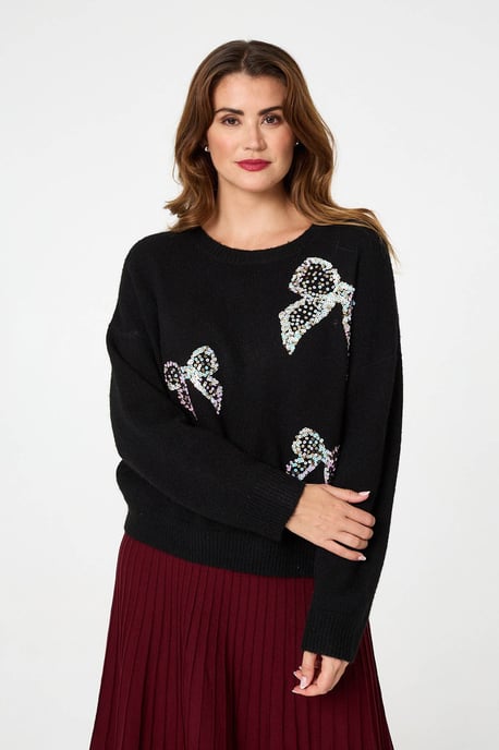 Black Sequin Bow Detail Drop Shoulder Jumper - Image 3