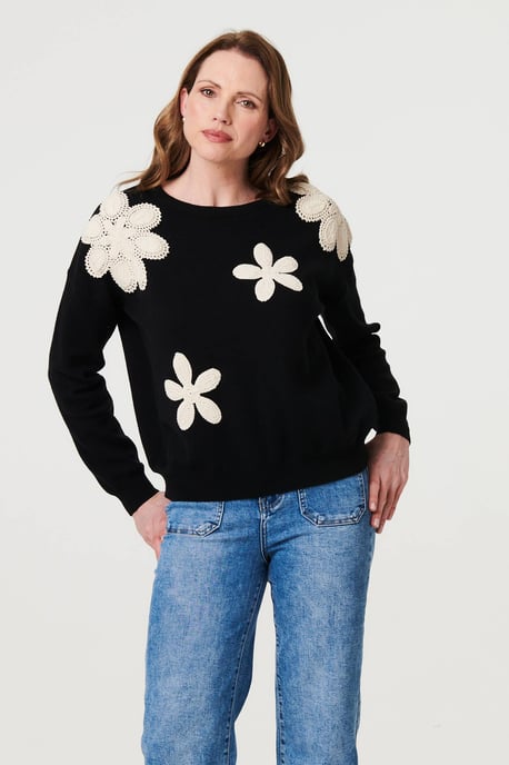 Black Floral Embroidered Relaxed Knit Jumper - Image 1