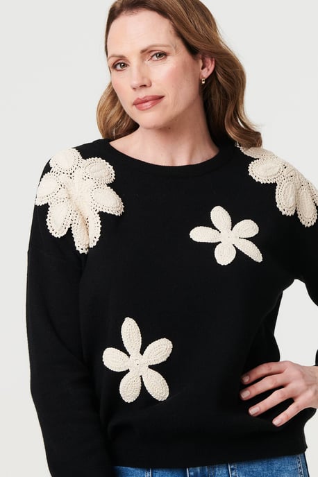 Black Floral Embroidered Relaxed Knit Jumper - Image 2