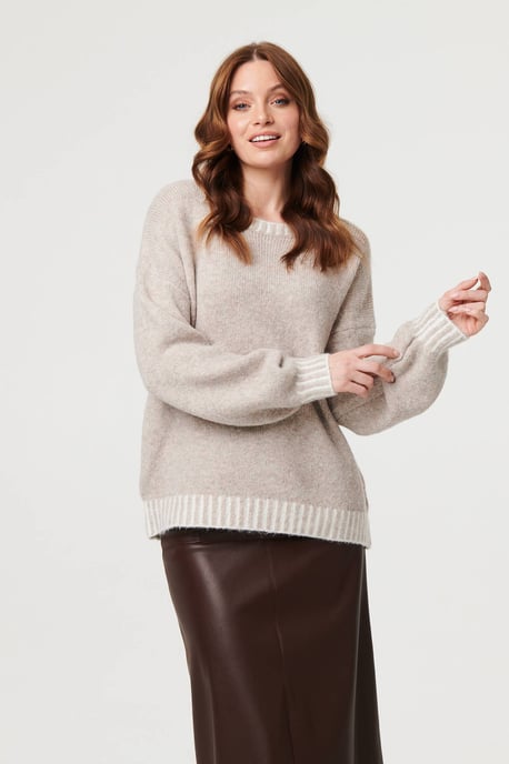 Grey Contrast Trim Balloon Sleeve Jumper - Image 1