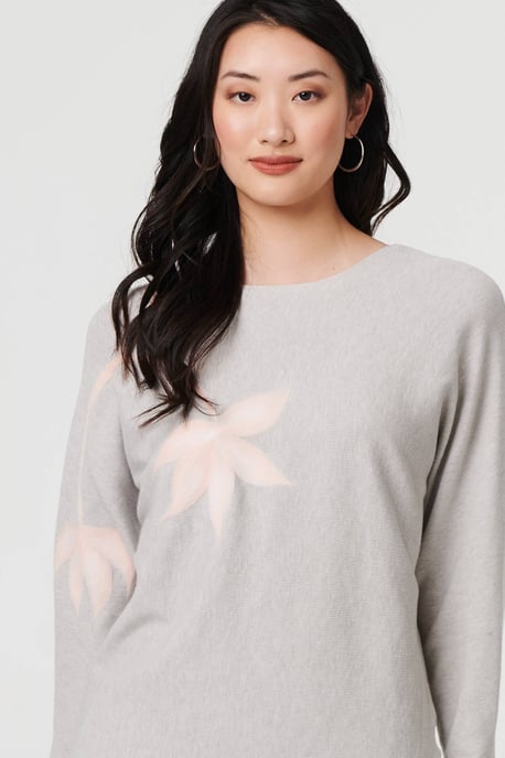 Grey Floral Long Batwing Sleeve Relaxed Top - Image 2