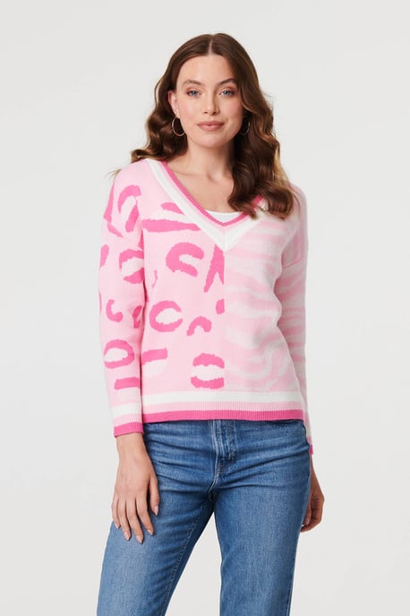 Pink Animal Print Long Sleeve V-Neck Jumper - Image 1