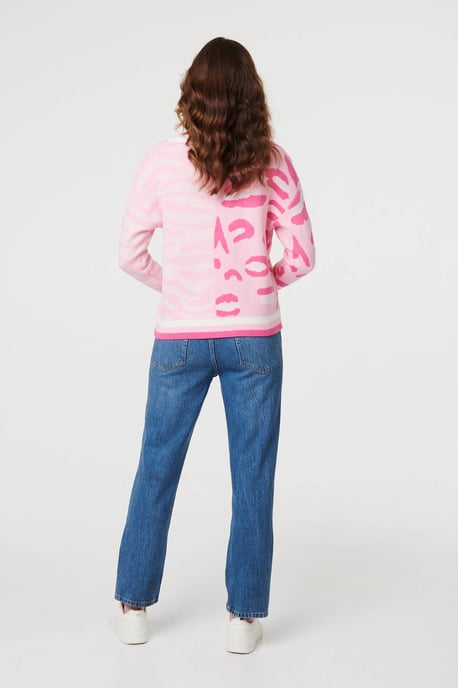 Pink Animal Print Long Sleeve V-Neck Jumper - Image 3