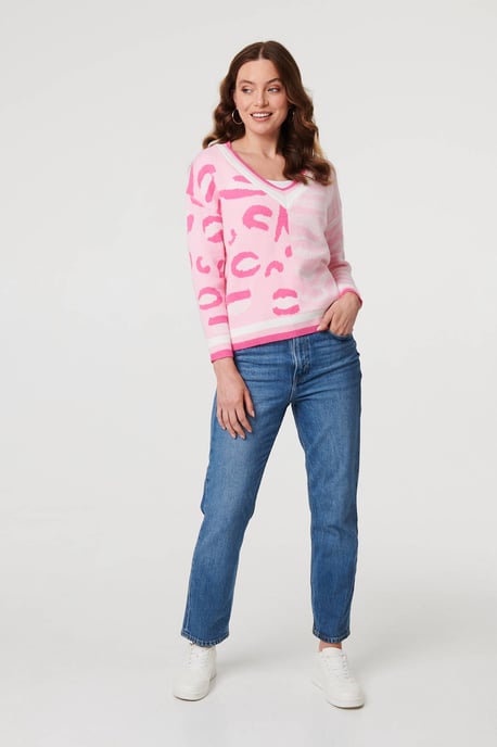 Pink Animal Print Long Sleeve V-Neck Jumper - Image 4