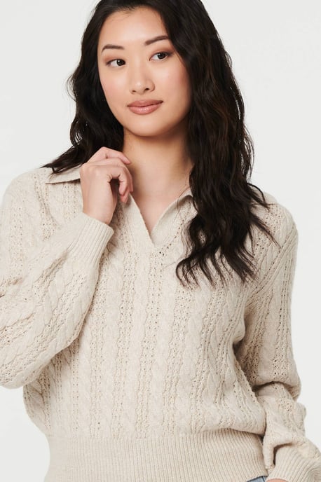 Cream Textured Wide Collar V-Neck Jumper - Image 2
