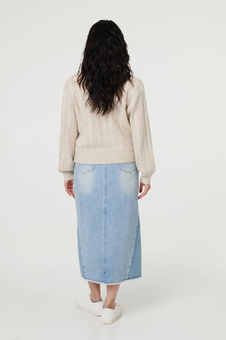 Cream Textured Wide Collar V-Neck Jumper - Image 3