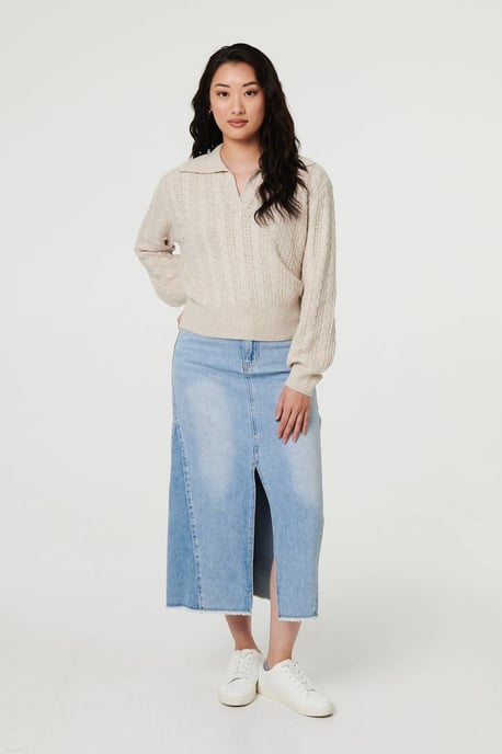Cream Textured Wide Collar V-Neck Jumper - Image 4