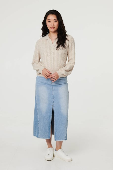 Cream Textured Wide Collar V-Neck Jumper - Image 5