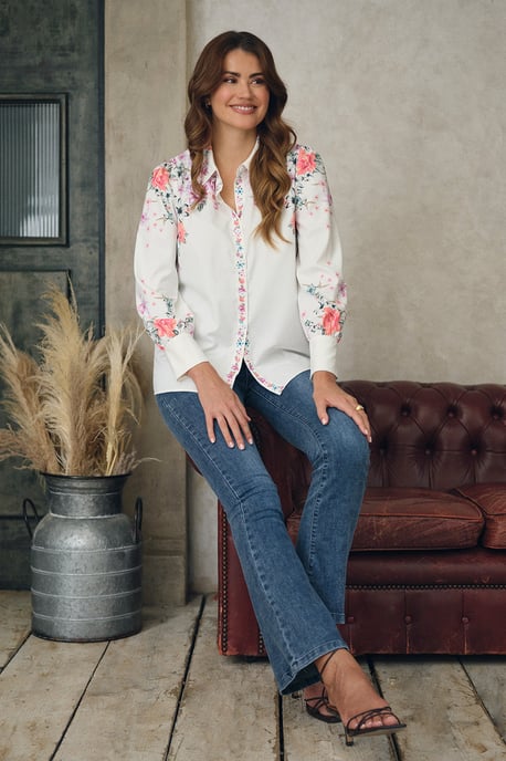 White Floral Border Print Long Sleeve Shirt - Image 1