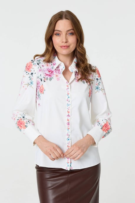 White Floral Border Print Long Sleeve Shirt - Image 3