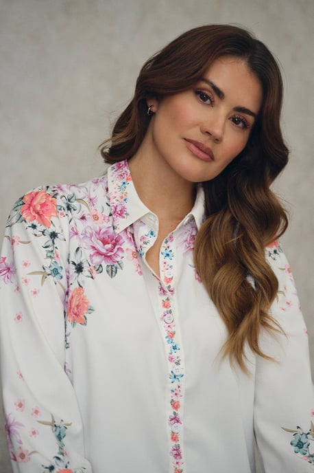 White Floral Border Print Long Sleeve Shirt - Image 4