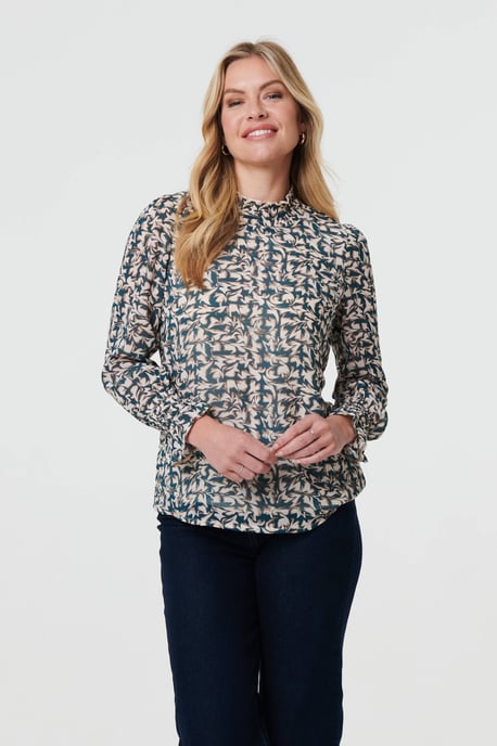 Green Printed Long Sleeve High Neck Top - Image 1
