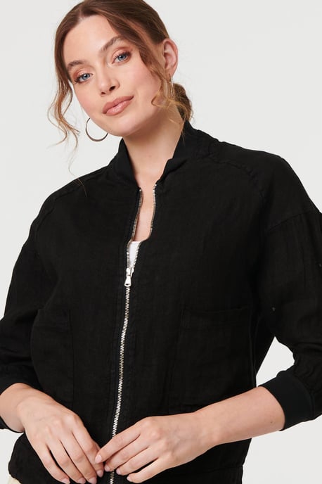 Black Pocket Detail Zip Front Bomber Jacket - Image 2
