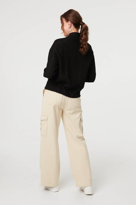 Black Pocket Detail Zip Front Bomber Jacket - Image 3