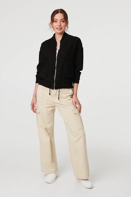 Black Pocket Detail Zip Front Bomber Jacket - Image 4