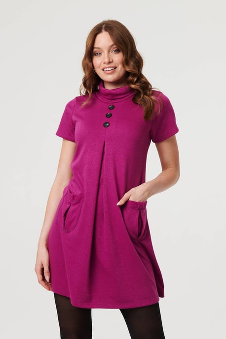 Purple Cowl Neck Button Front Short Shift Dress - Image 1