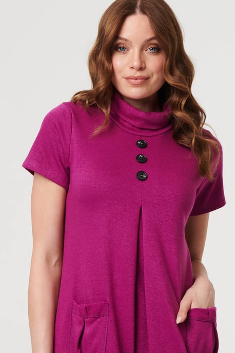 Purple Cowl Neck Button Front Short Shift Dress - Image 2