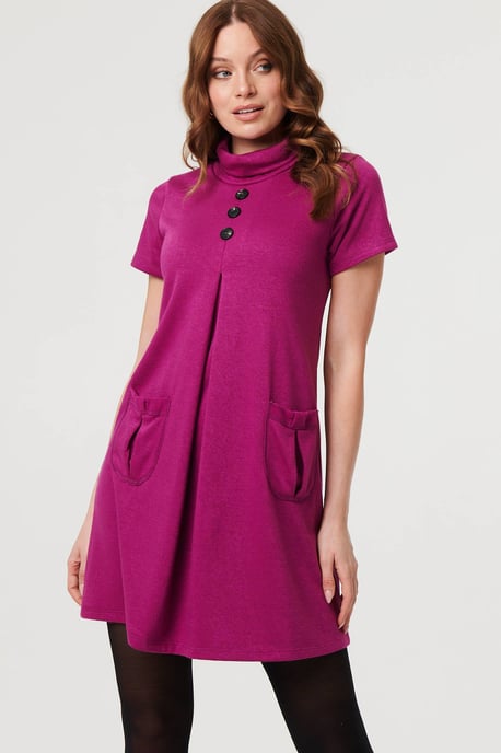 Purple Cowl Neck Button Front Short Shift Dress - Image 6