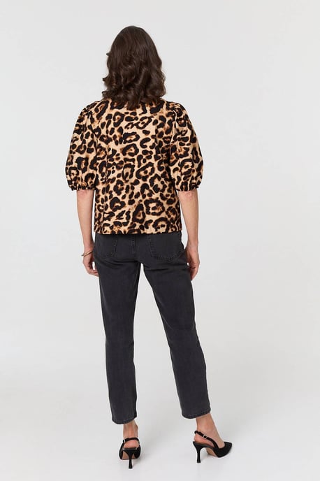 Beige Animal Print Bow Front Puff Sleeve Shirt - Image 2