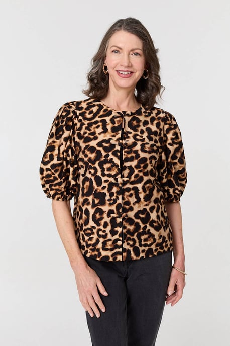 Beige Animal Print Bow Front Puff Sleeve Shirt - Image 3