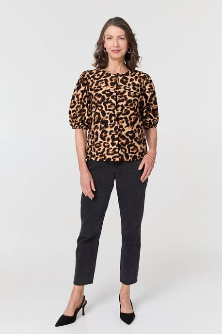 Beige Animal Print Bow Front Puff Sleeve Shirt - Image 6