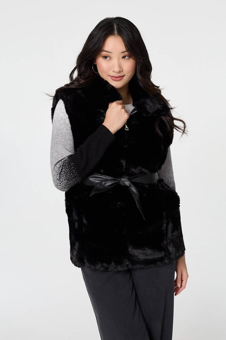 Black Faux Fur Sleeveless Tie Waist Gilet - Image 3