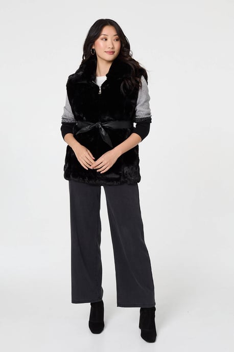 Black Faux Fur Sleeveless Tie Waist Gilet - Image 5